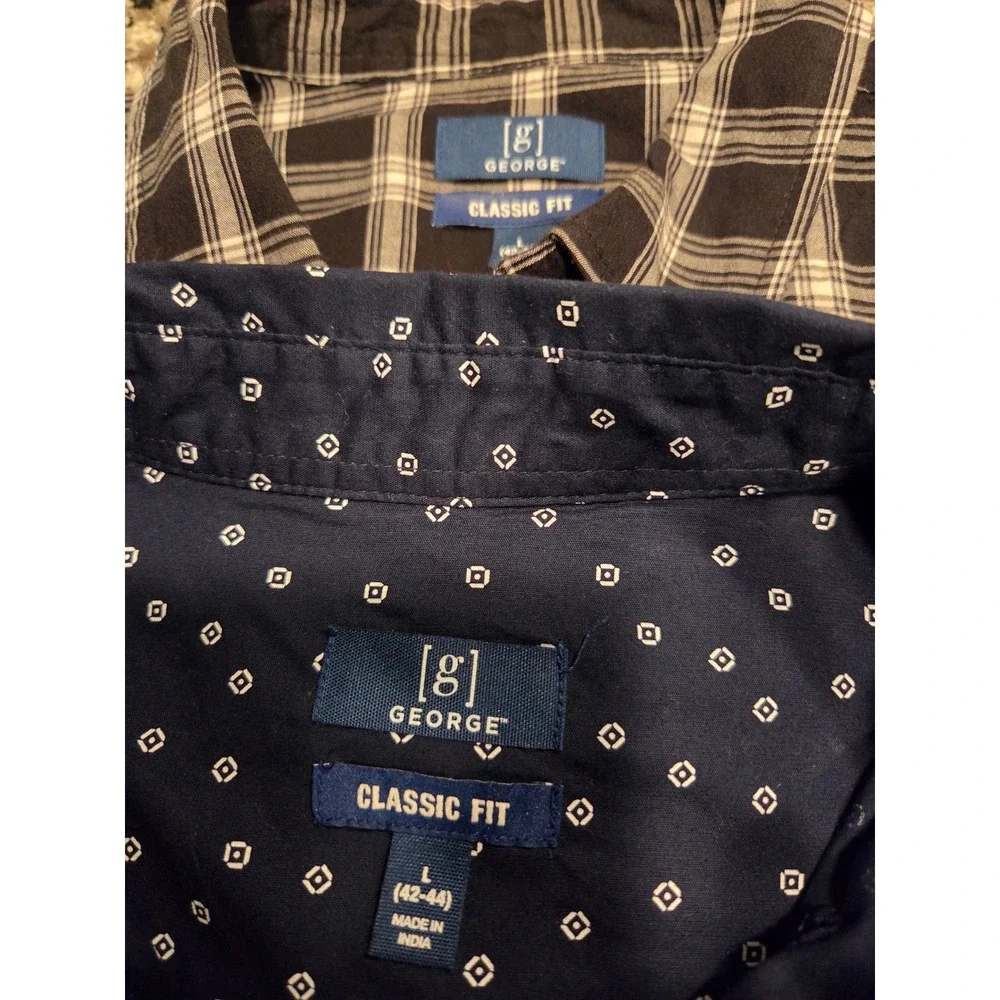Lot of 2 George Mens Classic Fit Button Down Shirt‎  Navy/Geo Black Plaid LG